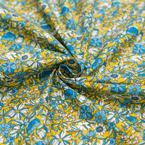 Coton jaune motif fleurs bleues et blanches apolline