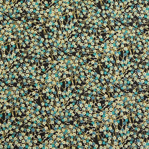Coton noir motif petites fleurs turquoises et brindilles dorées jaron