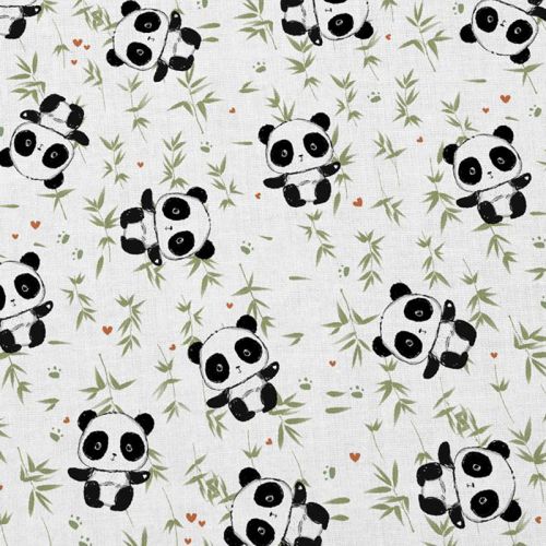 Coton cretonne blanc motif panda et bambou vert Oeko-tex