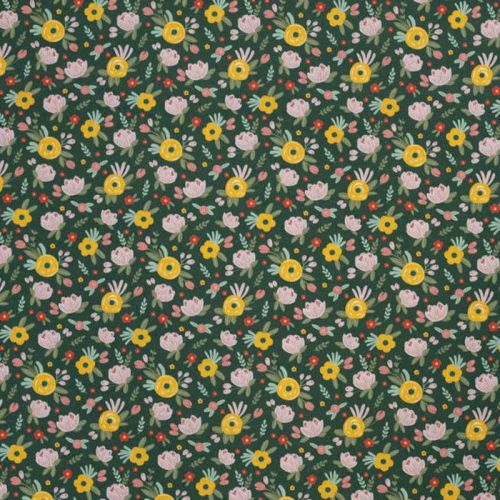 Coton bio vert foncé motif fleurs des près jaunes et roses Oeko-tex