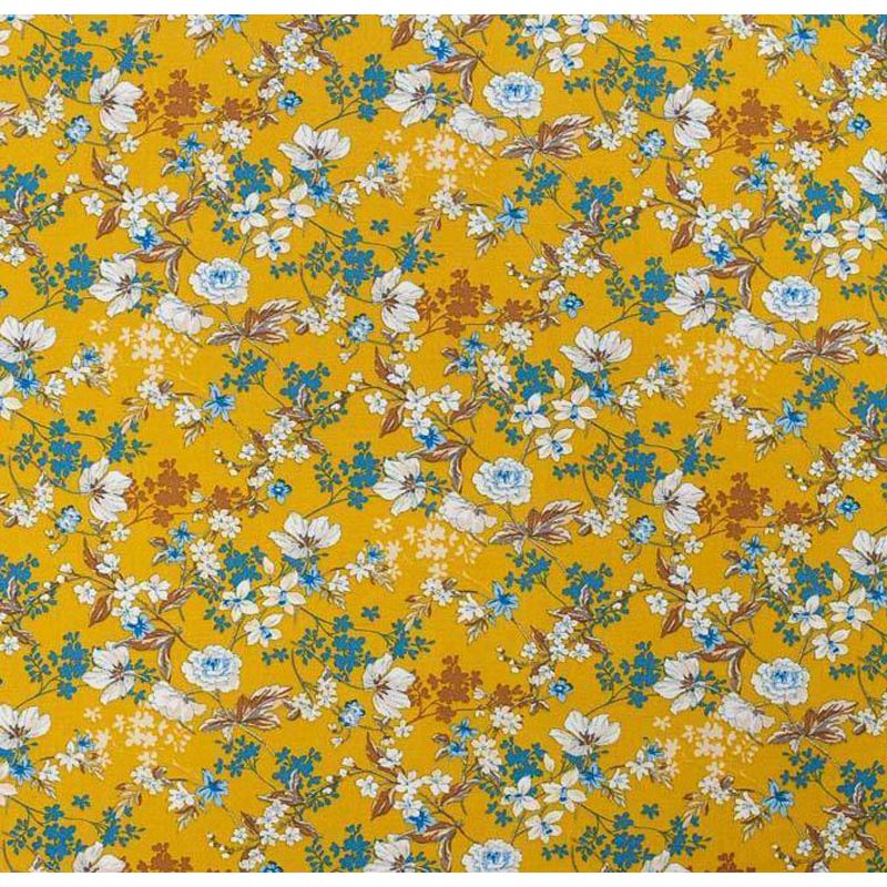 Tissu viscose safran motif fleurs blanches et bleues anaïs Oeko-tex