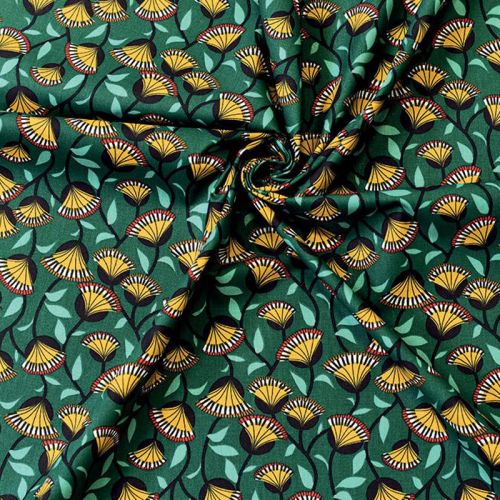 Coton vert motif fleur éventail safran nyer Oeko-tex