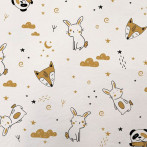 Tissu minky blanc motif animaux et nuit étoilée ocre