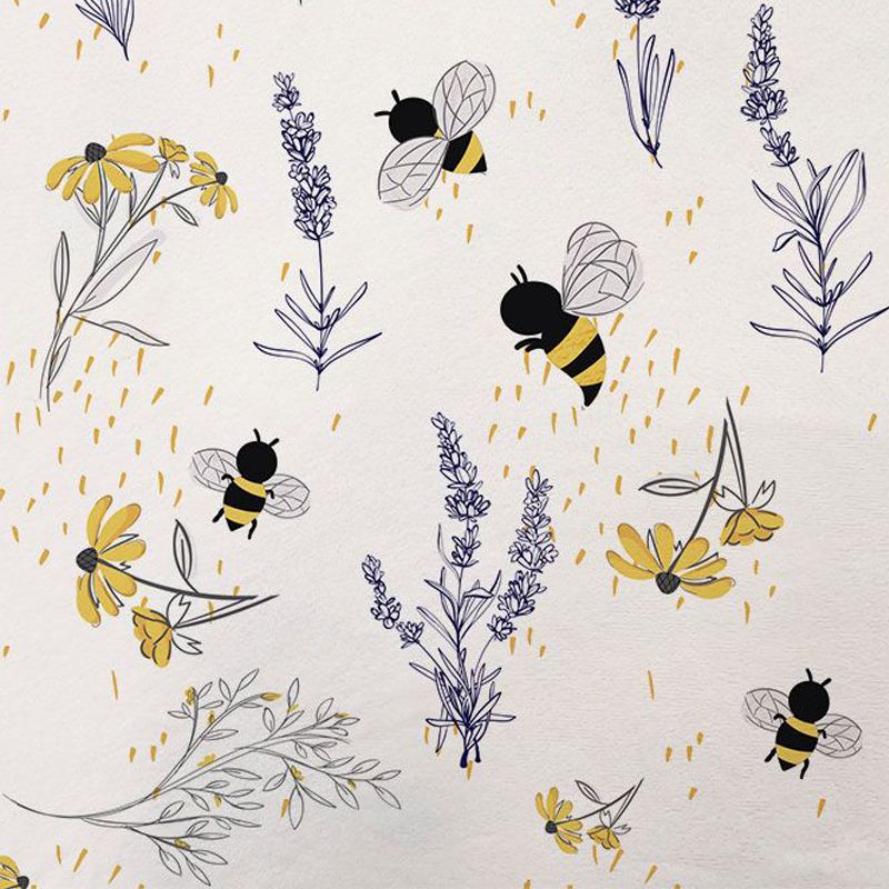 Tissu minky blanc motif bouton d'or lavande et abeille