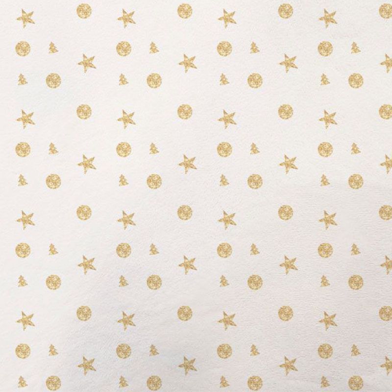 Tissu minky blanc motif rond étoile et sapin doré