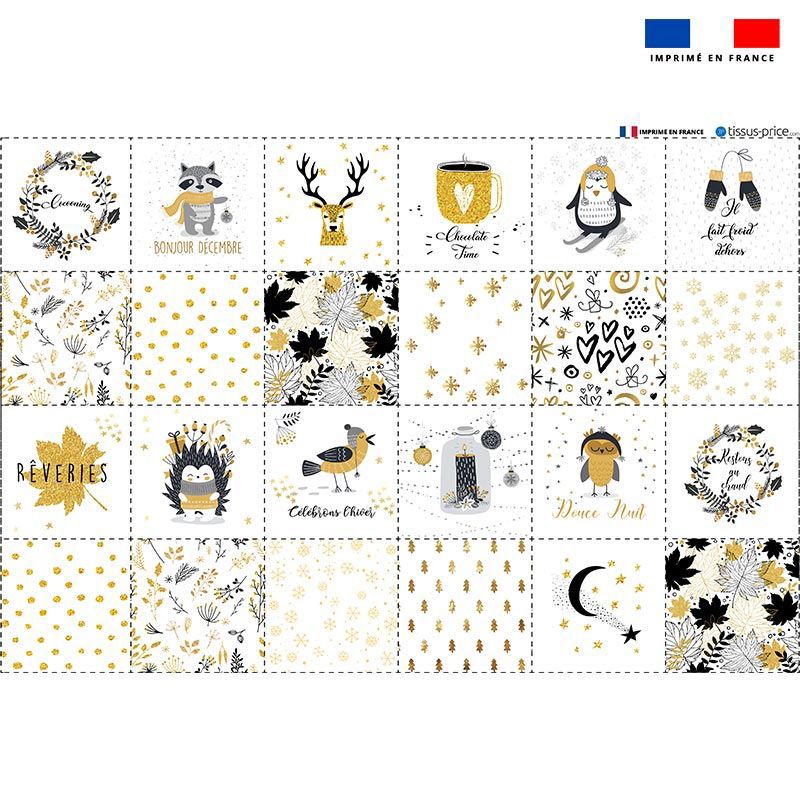 Coupon microfibre pour lingettes lavables motif ambiance d'hiver jaune or et gris Oeko-tex