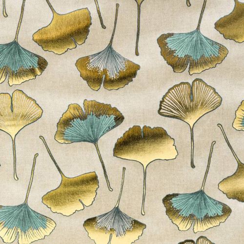 Coupon 50X68 cm - Toile coton chinée naturelle imprimée feuilles ginkgo dorées et bleues