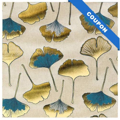 Coupon 50X68 cm - Toile coton chinée naturelle imprimée feuilles ginkgo dorées et bleues