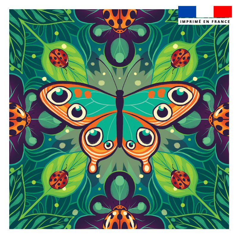 Coupon 45x45 cm motif papillon orange et vert - Création Pilar Berrio