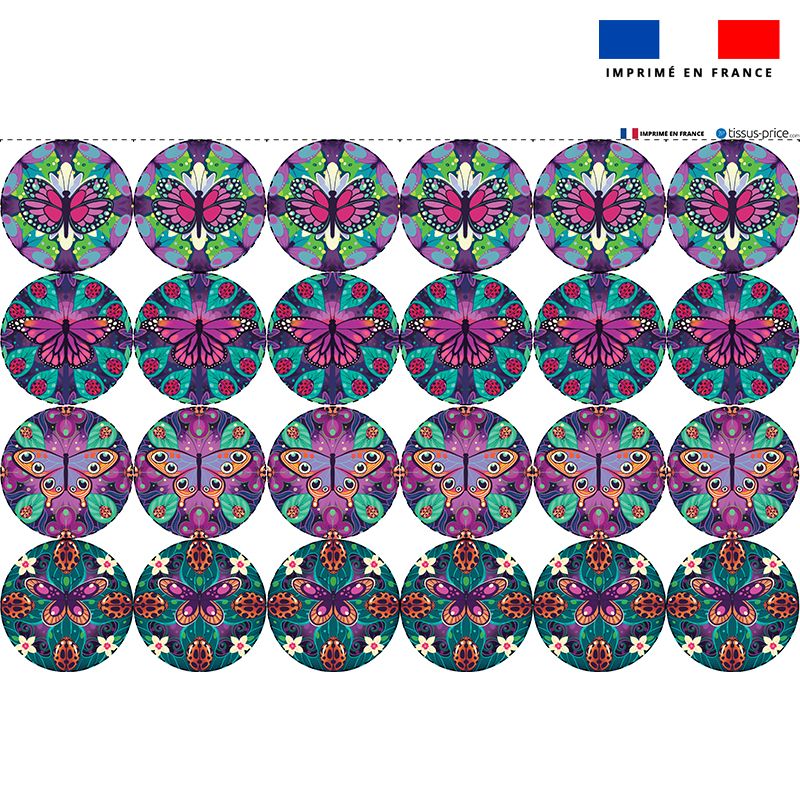 Coupon éponge pour lingettes démaquillantes violettes forme ronde motif papillon - Création Pilar Berrio