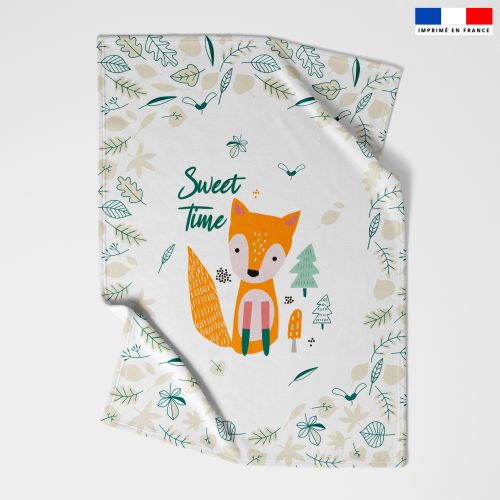 Coupon couverture imprimé renard de la forêt
 Matière-Minky blanc cassé 260gr/m² - 145 cm Taille Kit-70x90 cm