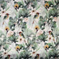 Coton blanc motif oiseaux tropicaux Oeko-tex