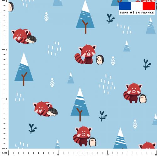 coupon - Coupon 200cm - Panda roux et hérisson - Fond bleu - Polaire Oeko-tex 260 gr/m² - 150 cm