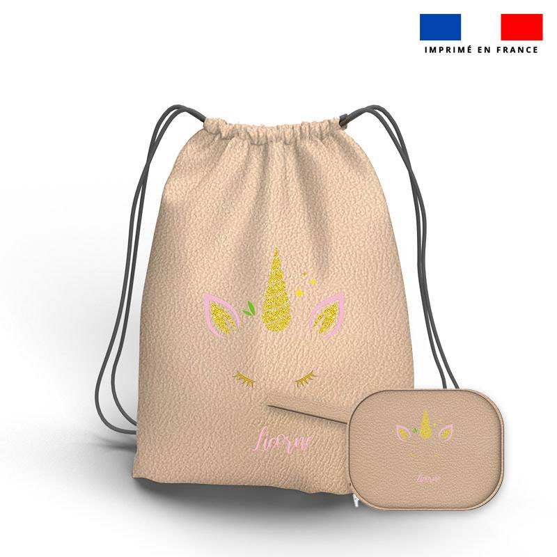Kit sac à dos coulissant + porte-monnaie beige nacre motif licorne