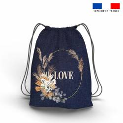 Kit sac à dos coulissant + porte-monnaie en jean motif LOVE