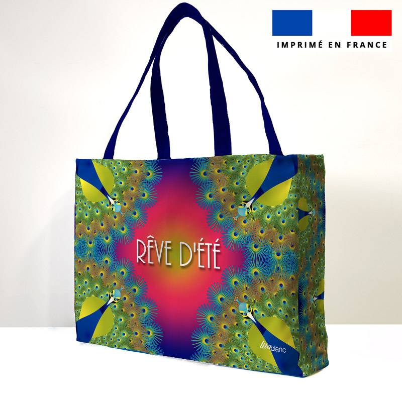 Kit sac de plage imperméable motif paon rêve d'été - King size - Création Lita Blanc