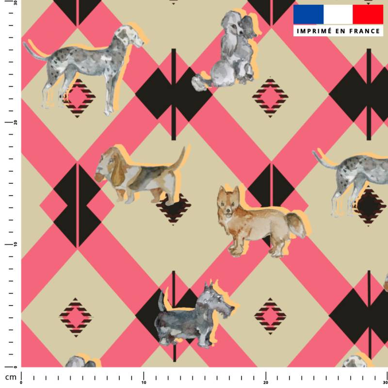 Petit chien géométrie rose - Fond beige - Création Lili Bambou Design
