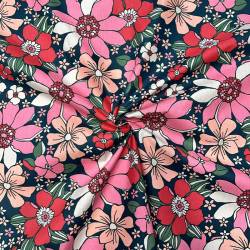 Coton bleu canard motif fleurs roses et magenta