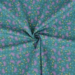 Coton bleu paon motif fleur dahlia mauve