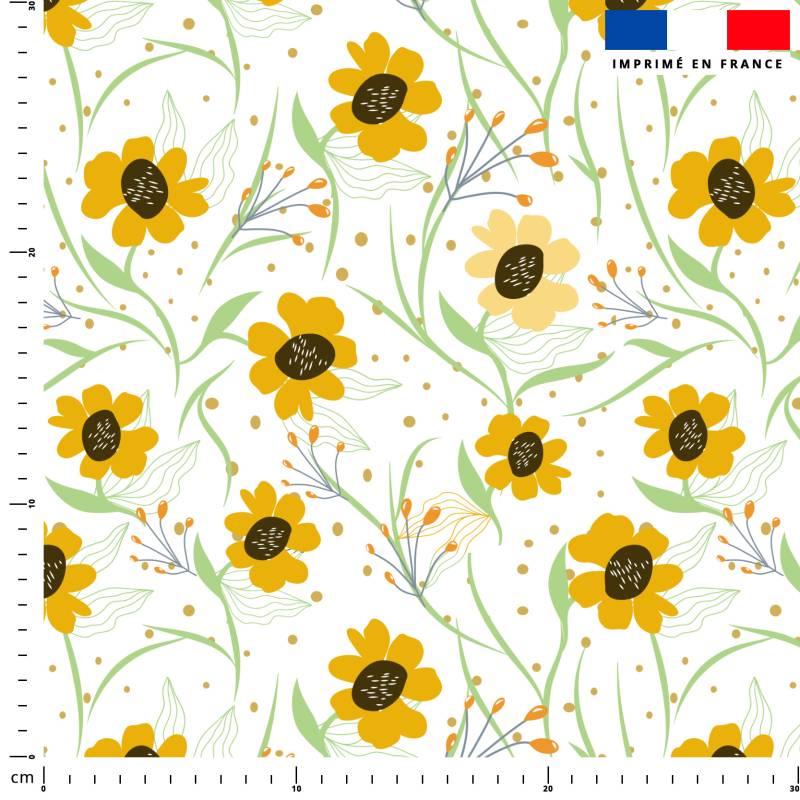 Fleur de printemps jaune - Fond blanc - Tissus Price Matière Burlington 170  gr/m² - 146 cm Matière Burlington 170 gr/m² - 146 cm