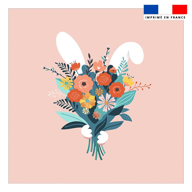 Coupon 45x45 cm motif lapin et bouquet de fleurs