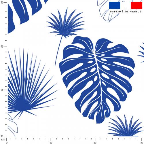 coupon - Coupon 150cm - Feuille de palmier bleu majorelle - Fond écru - Éponge 300 gr/m² - 152 cm