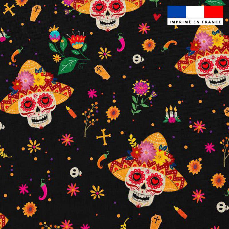Popeline de coton noire peigné motif tête de mort mexicaine