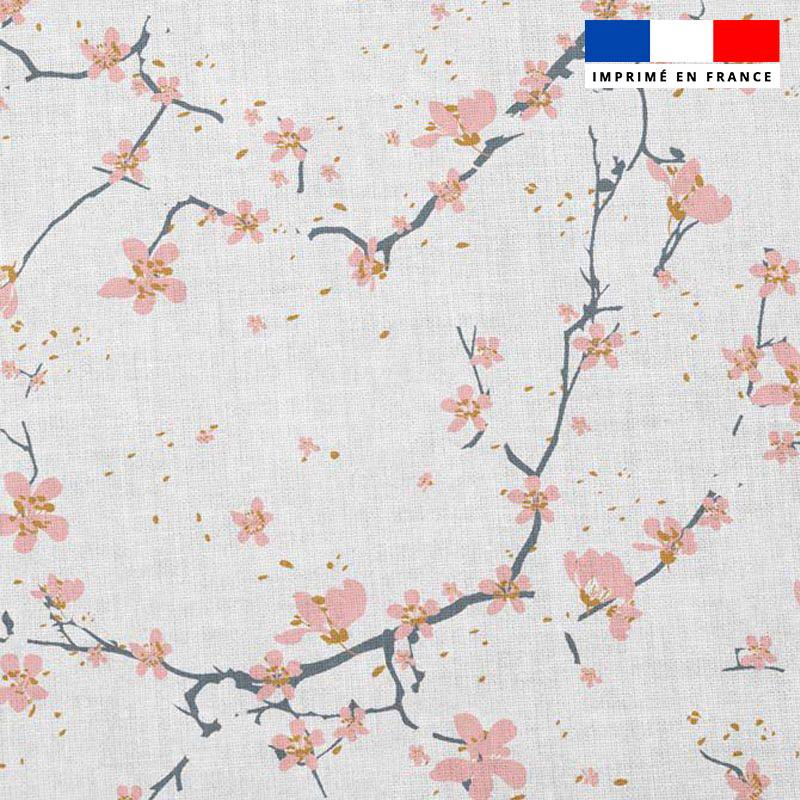 Popeline de coton blanche peigné motif fleur de cerisier