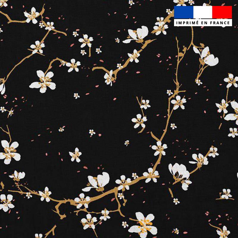 Popeline de coton noire peigné motif fleur de cerisier