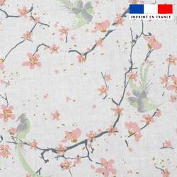 Popeline de coton blanche peigné motif fleur de cerisier et oiseau
