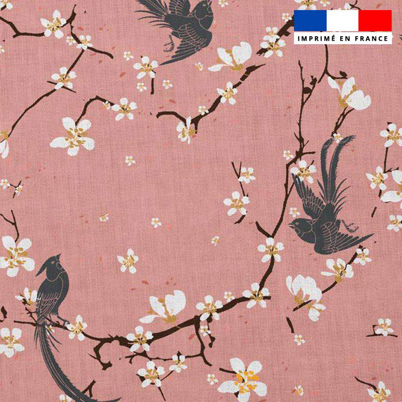 Popeline de coton rose peigné motif fleur de cerisier et oiseau