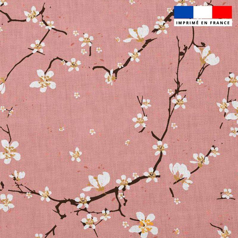 Popeline de coton rose peigné motif fleur de cerisier