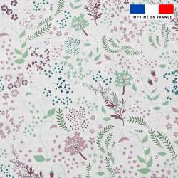 Popeline de coton blanche peigné motif fleurs champêtres prunes roses et vertes