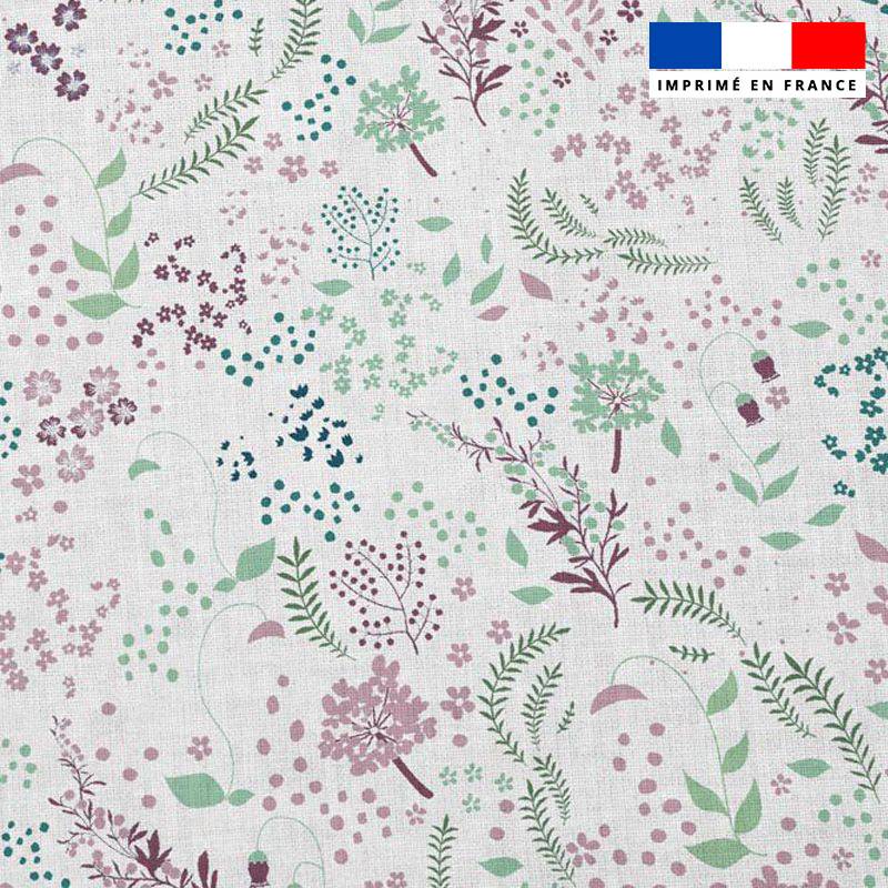 Popeline de coton blanche peigné motif fleurs champêtres prunes roses et vertes