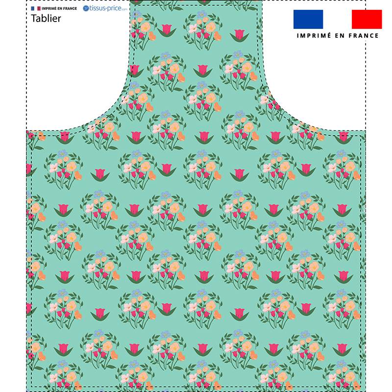 Patron imprimé pour tablier motif bouquet turquoise - Création Jasmine Blooms Designs