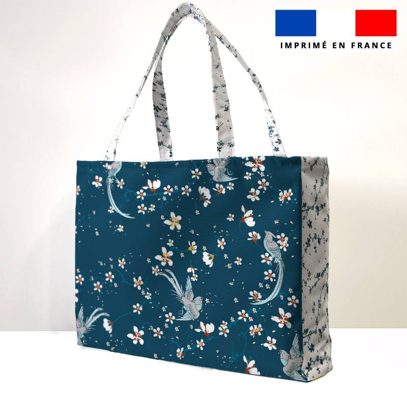 Kit couture sac cabas motif fleur de cerisier bleu paon