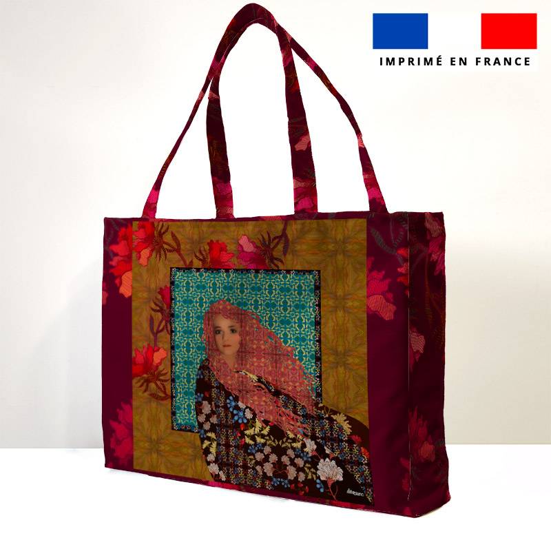 Kit couture sac cabas motif portrait et fleur rouge - Création Lita Blanc