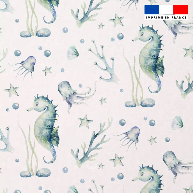 Tissu minky blanc motif hippocampe et pieuvre aquarelle
