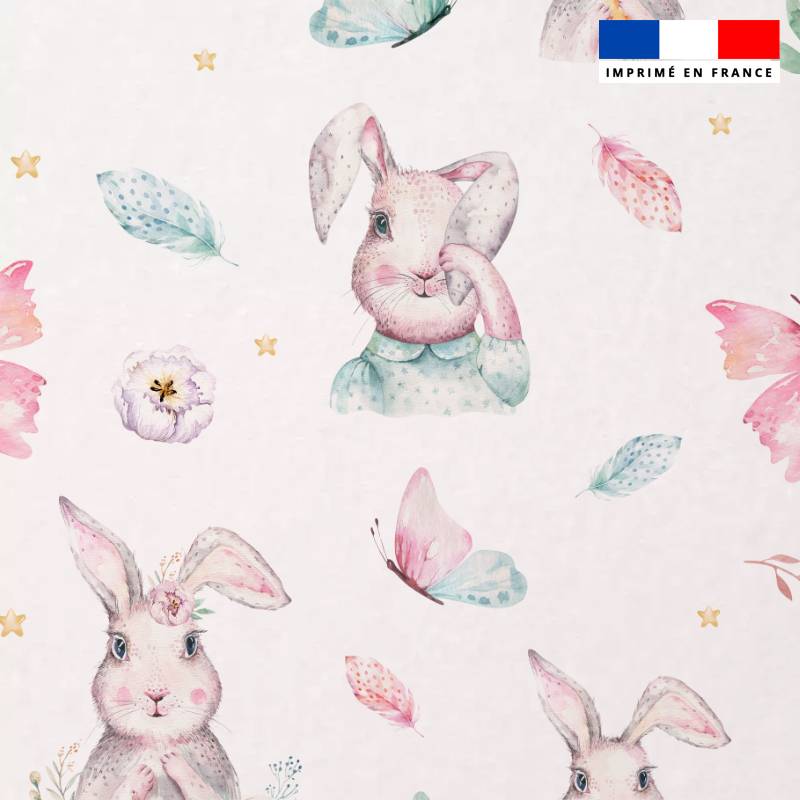 Tissu minky blanc motif lapin et papillon aquarelle