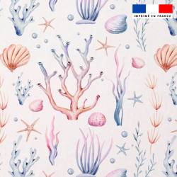 Tissu minky blanc motif algues et coquillages aquarelles