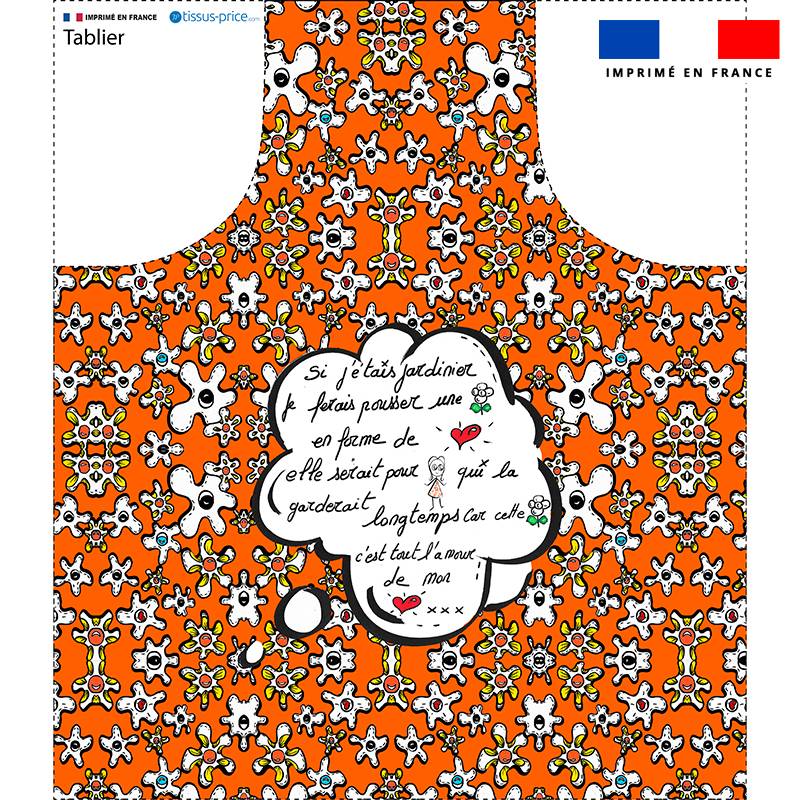 Patron imprimé pour tablier motif fleur poème orange - Création Anne-Sophie Dozoul