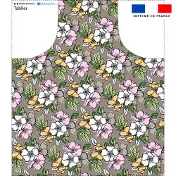 Patron imprimé pour tablier motif fleurs de verger taupe - Création Nathalie Gravey