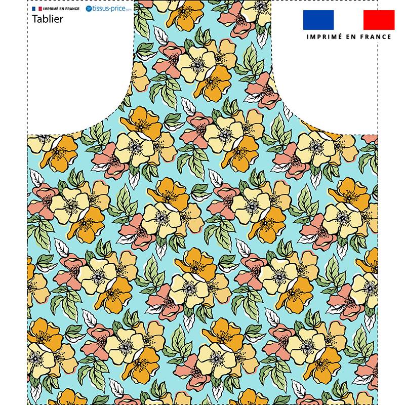 Patron imprimé pour tablier motif fleurs de verger bleu - Création Nathalie Gravey