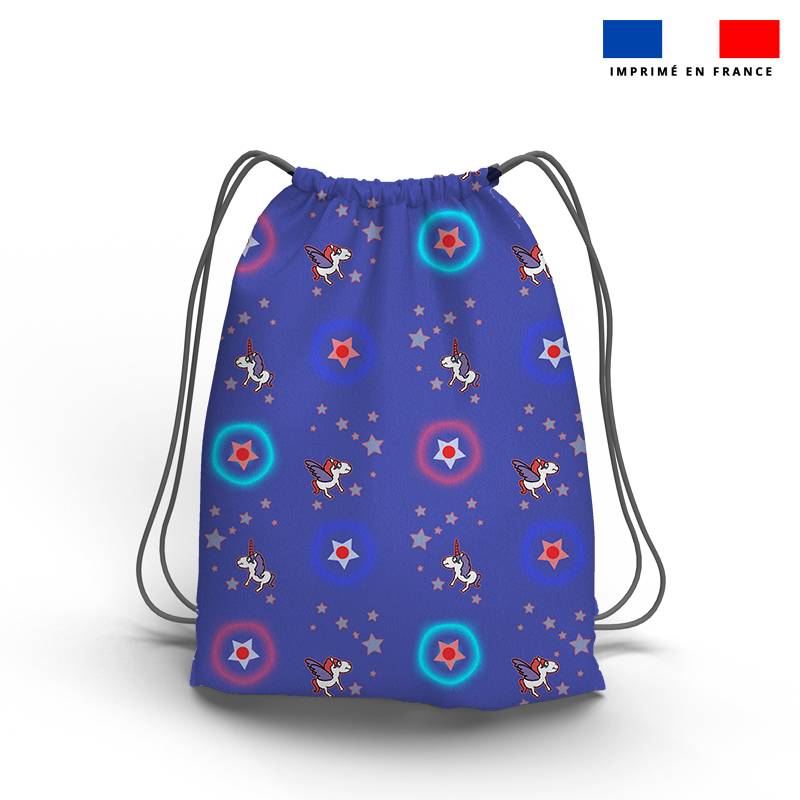 Kit sac à dos coulissant motif licorne et pégase bleu - Création Lili Bambou Design
