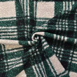 Tissu lainage polyester bouclette motif tartan vert et beige