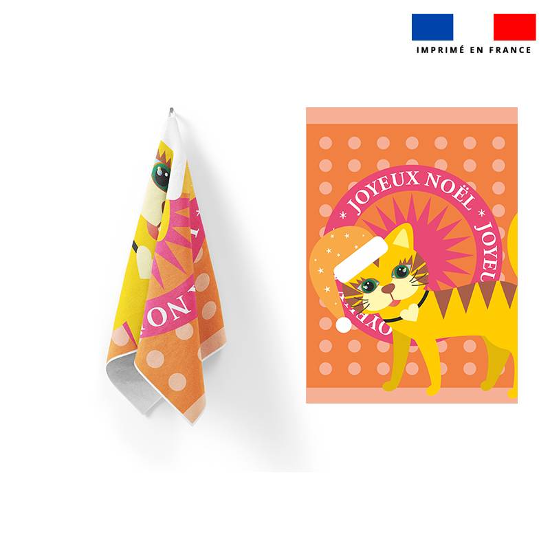 Torchon imprimé chat de noël jaune - Création Lita Blanc