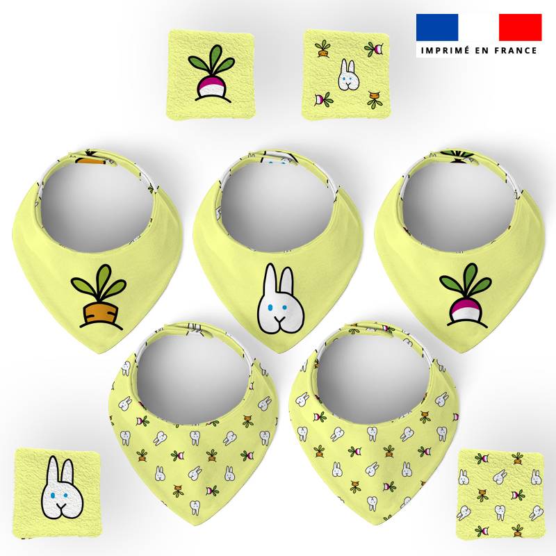 Coupon éponge bavoirs bandana jaune motif lapin - Création EG pour IDJY