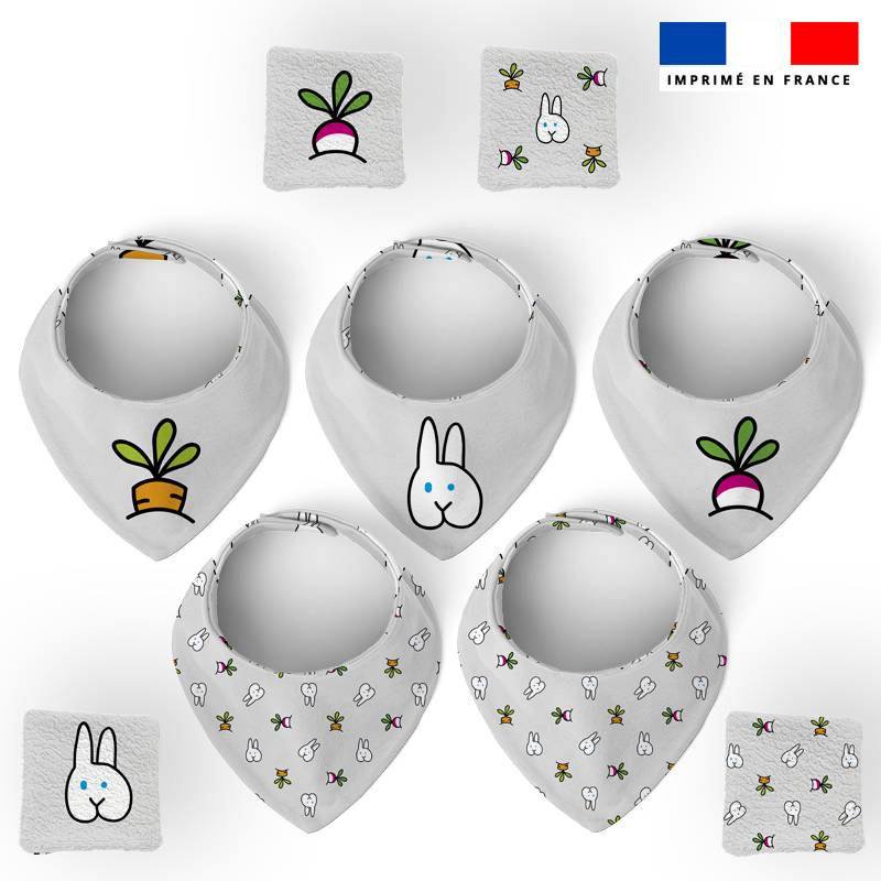 Coupon éponge bavoirs bandana gris motif lapin - Création EG pour IDJY