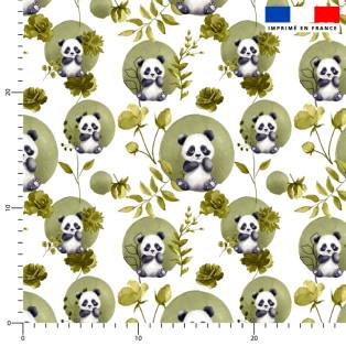 Panda fleurs et arrondis aquarelle vert - Fond blanc