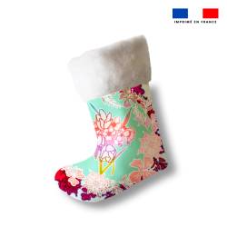 Kit chaussette de noel turquoise motif fleuri + Fausse fourrure - Création Lili Bambou Design